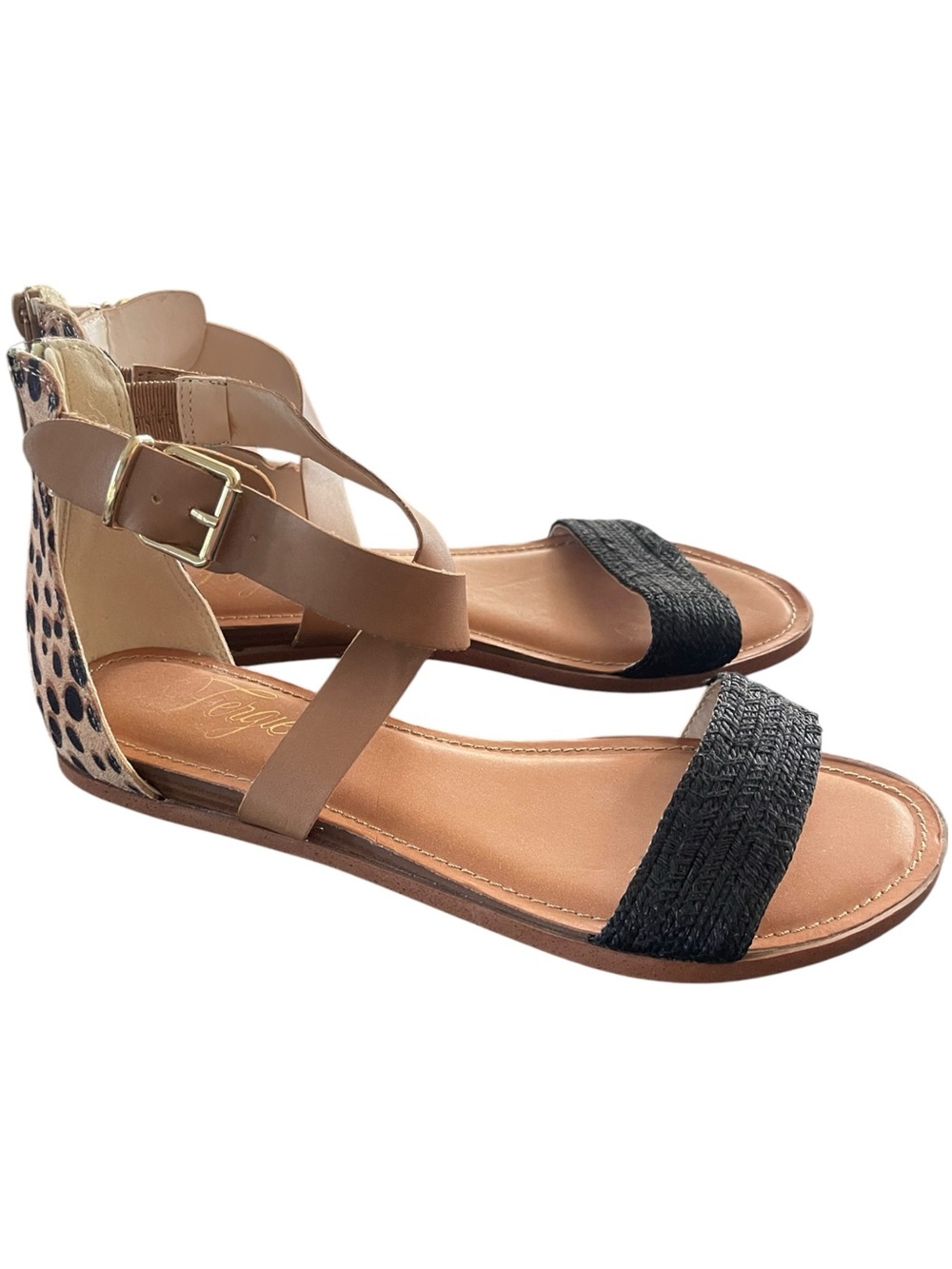 Fergie Riley Flat Ankle Strap Mixed Print Sandel Leopard Print Casual Summer 9